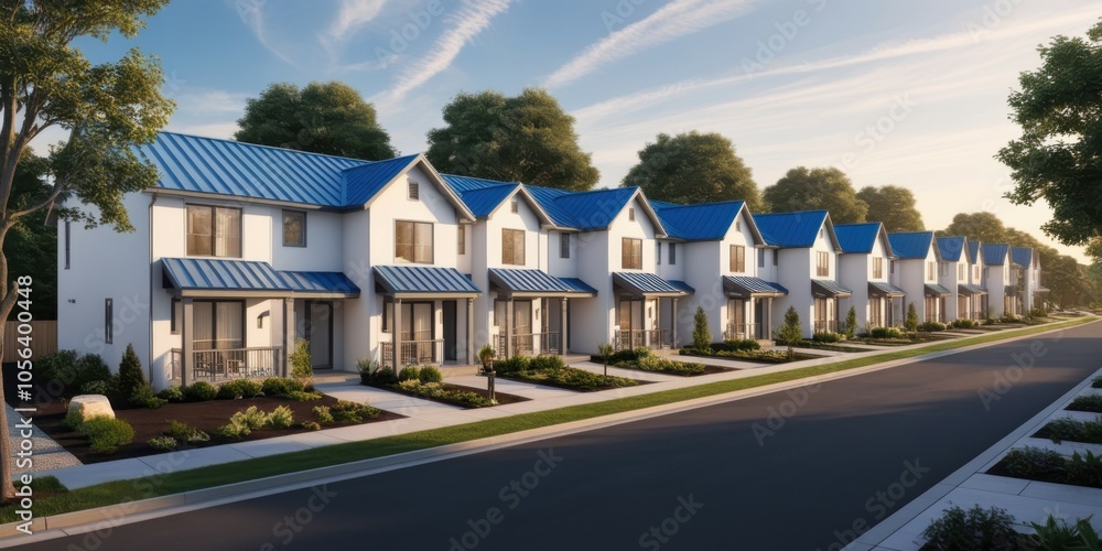 Modern townhouses, blue roofs, white facades, suburban neighborhood, tree-lined street, residential development, clear sky, architectural rendering, crisp details, sunny day, symmetrical design, row o Modern townhouses, blue roofs, white facades, suburban neighborhood, tree-lined street, residential development, clear sky, architectural rendering, crisp details, sunny day, symmetrical design, row o