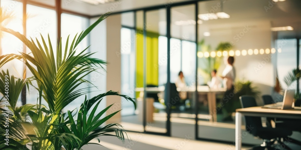 Modern office interior, sunlit workspace, glass walls, palm leaves in foreground, minimalist furniture, warm ambient lighting, clean aesthetic, open plan design, contemporary workplace, natural elemen Modern office interior, sunlit workspace, glass walls, palm leaves in foreground, minimalist furniture, warm ambient lighting, clean aesthetic, open plan design, contemporary workplace, natural elemen