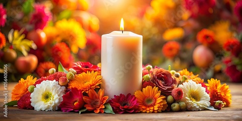 A single candle, burning bright, surrounded by a vibrant arrangement of colorful flowers, creating a picturesque scene of tranquility and warmth.