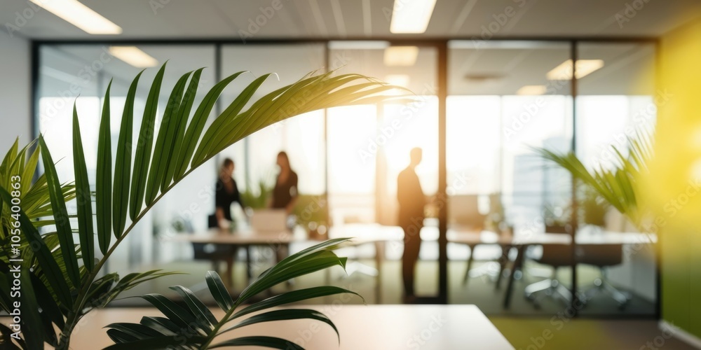 Fototapeta premium Modern office interior, sunlit workspace, glass walls, palm leaves in foreground, minimalist furniture, warm ambient lighting, clean aesthetic, open plan design, contemporary workplace, natural elemen