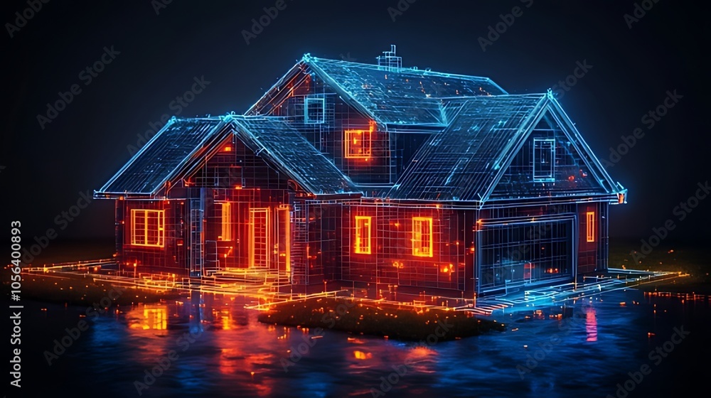 A wireframe model of a house with lights in a dark blue background. A wireframe model of a house with lights in a dark blue background.