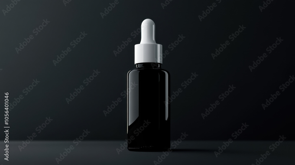 sleek black glass cosmetic bottle with white dropper cap, elegantly displayed against dark background, perfect for skincare or beauty products sleek black glass cosmetic bottle with white dropper cap, elegantly displayed against dark background, perfect for skincare or beauty products
