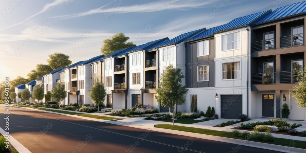 Modern townhouses, blue roofs, white facades, suburban neighborhood, tree-lined street, residential development, clear sky, architectural rendering, crisp details, sunny day, symmetrical design, row o Modern townhouses, blue roofs, white facades, suburban neighborhood, tree-lined street, residential development, clear sky, architectural rendering, crisp details, sunny day, symmetrical design, row o