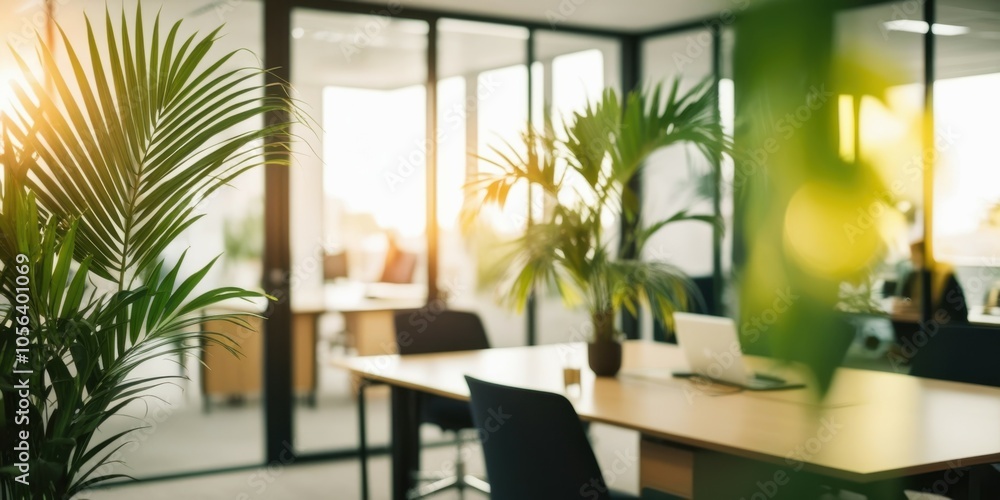 Fototapeta premium Modern office interior, sunlit workspace, glass walls, palm leaves in foreground, minimalist furniture, warm ambient lighting, clean aesthetic, open plan design, contemporary workplace, natural elemen