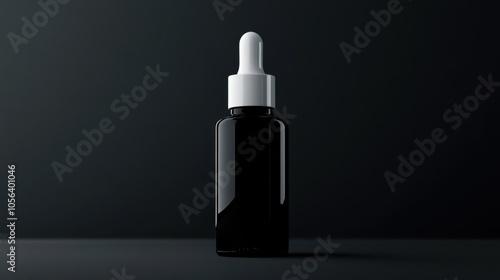 sleek black glass cosmetic bottle with white dropper cap, elegantly displayed against dark background, perfect for skincare or beauty products