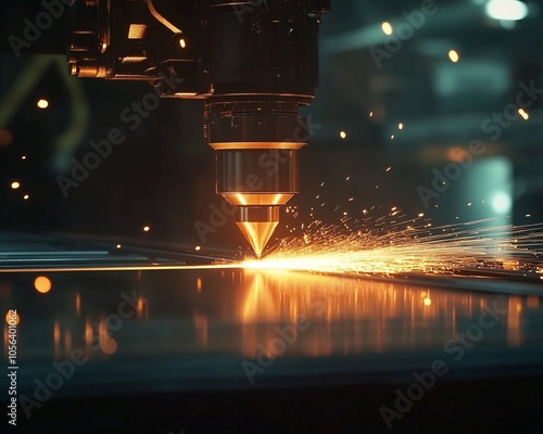 Advanced laser cutting process with sparks flying, showcasing precision machinery at work in a modern industrial setting.