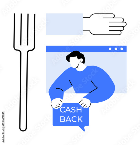 A simplistic vector design showcases a person holding a cashback sign beside a handshake and a fork symbol. Ideal for themes like financial rewards, loyalty programs, customer engagement, money