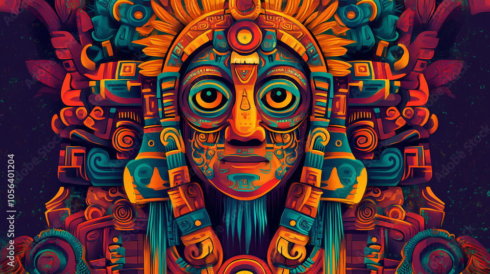 Mayan aztec totems and animals with ethnic patterns. Mayan Sun Temple. Illustration