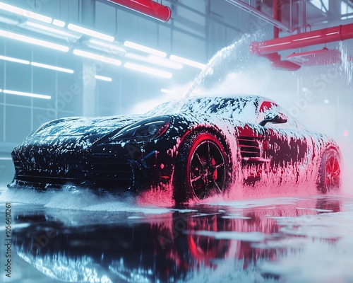 A sleek black car being washed with foam in a modern car wash, surrounded by colorful lights and a reflective floor, creating a vibrant atmosphere.