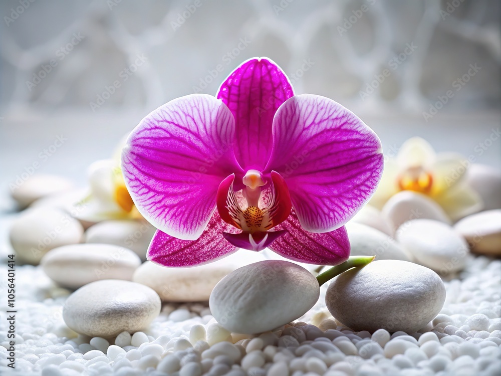Relaxing spa backdrop with vibrant pink orchids and smooth stones. Relaxing spa backdrop with vibrant pink orchids and smooth stones.