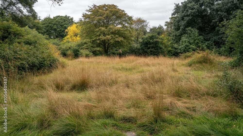 A serene landscape featuring tall grasses and scattered trees under a cloudy sky. A serene landscape featuring tall grasses and scattered trees under a cloudy sky.