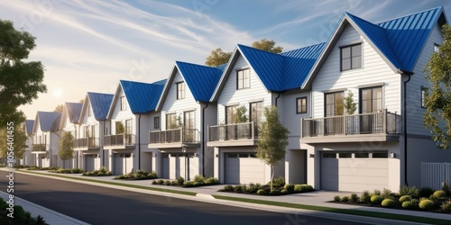 Modern townhouses, blue roofs, white facades, suburban neighborhood, tree-lined street, residential development, clear sky, architectural rendering, crisp details, sunny day, symmetrical design, row o