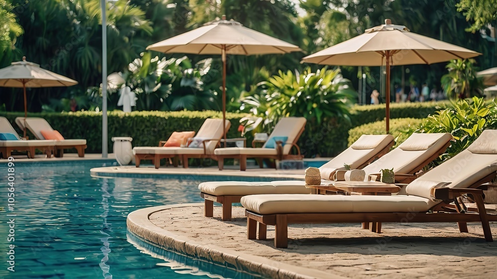 Obraz premium Serene poolside scene with loungers and umbrellas in a lush setting.
