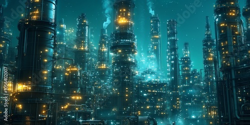 A futuristic cityscape with towering structures and glowing lights against a dark blue sky.