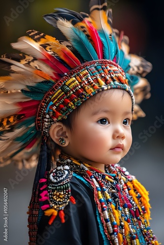 Side-angle view of a young child dressed in traditional attire, participating in the Hornbill Festival, 4K resolution photo