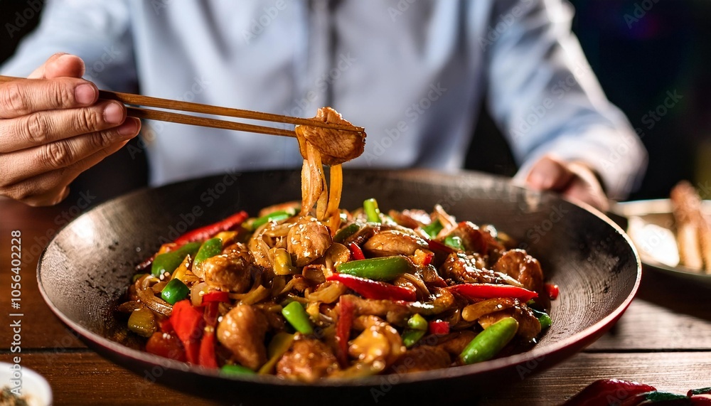 Faceless man eat Kung Pao Chicken in restaurant with bokeh background. Chinese Food. Faceless man eat Kung Pao Chicken in restaurant with bokeh background. Chinese Food.