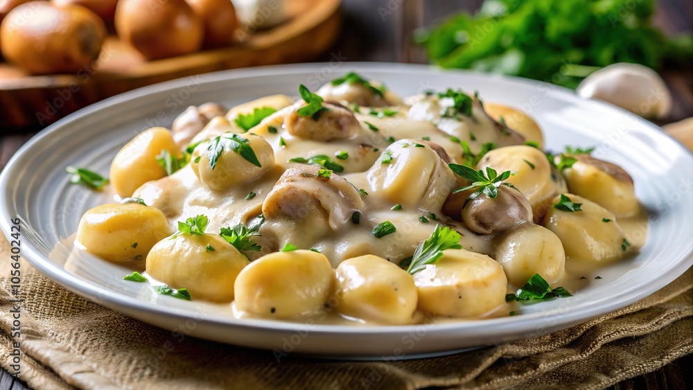 Savory gnocchi, enveloped in a creamy mushroom sauce and melted cheese. Savory gnocchi, enveloped in a creamy mushroom sauce and melted cheese.