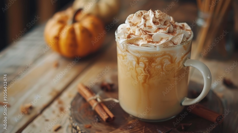 Pumpkin spice latte with whipped cream and cinnamon in a cup Pumpkin spice latte with whipped cream and cinnamon in a cup