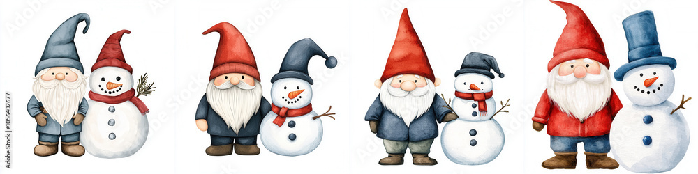 Whimsical winter scene featuring cheerful gnomes and snowmen, showcasing a festive holiday atmosphere with vibrant colors and playful expressions. Whimsical winter scene featuring cheerful gnomes and snowmen, showcasing a festive holiday atmosphere with vibrant colors and playful expressions.