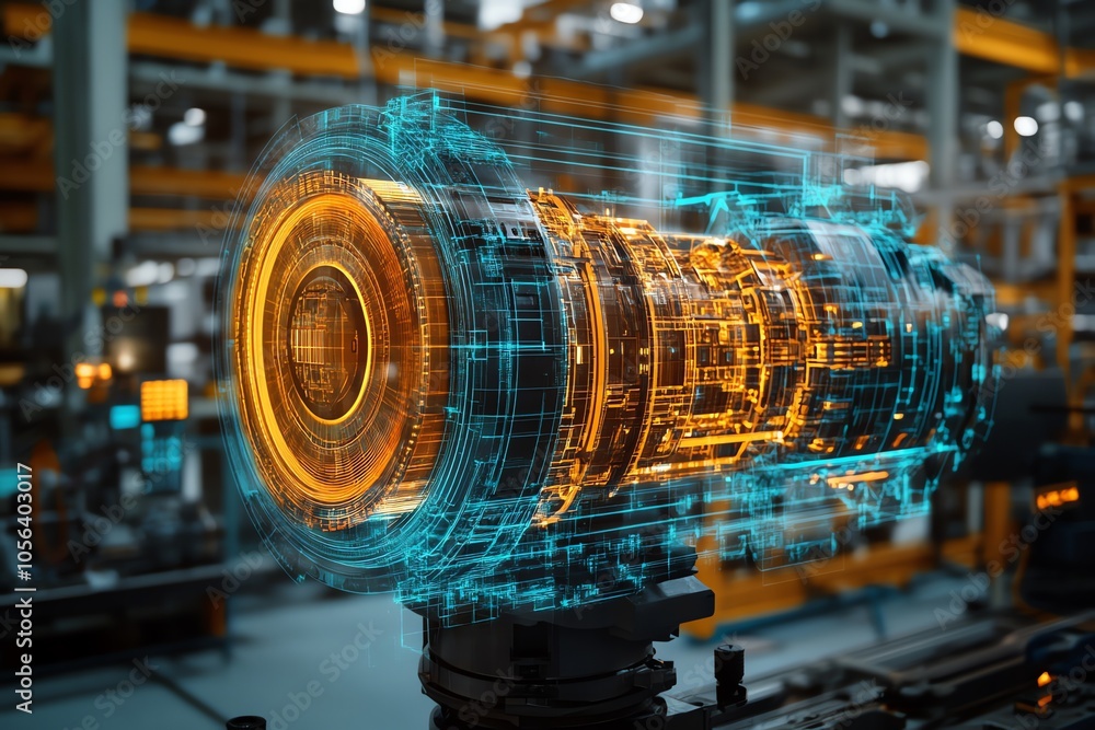 A futuristic concept of a 3D digital hologram of a machine part in a modern factory. A futuristic concept of a 3D digital hologram of a machine part in a modern factory.