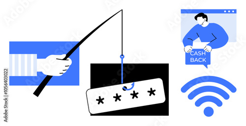 A hand holding a fishing rod with a password button, person claiming cashback, and a wireless symbol. Ideal for cybersecurity, phishing awareness, online scams, data protection, internet safety