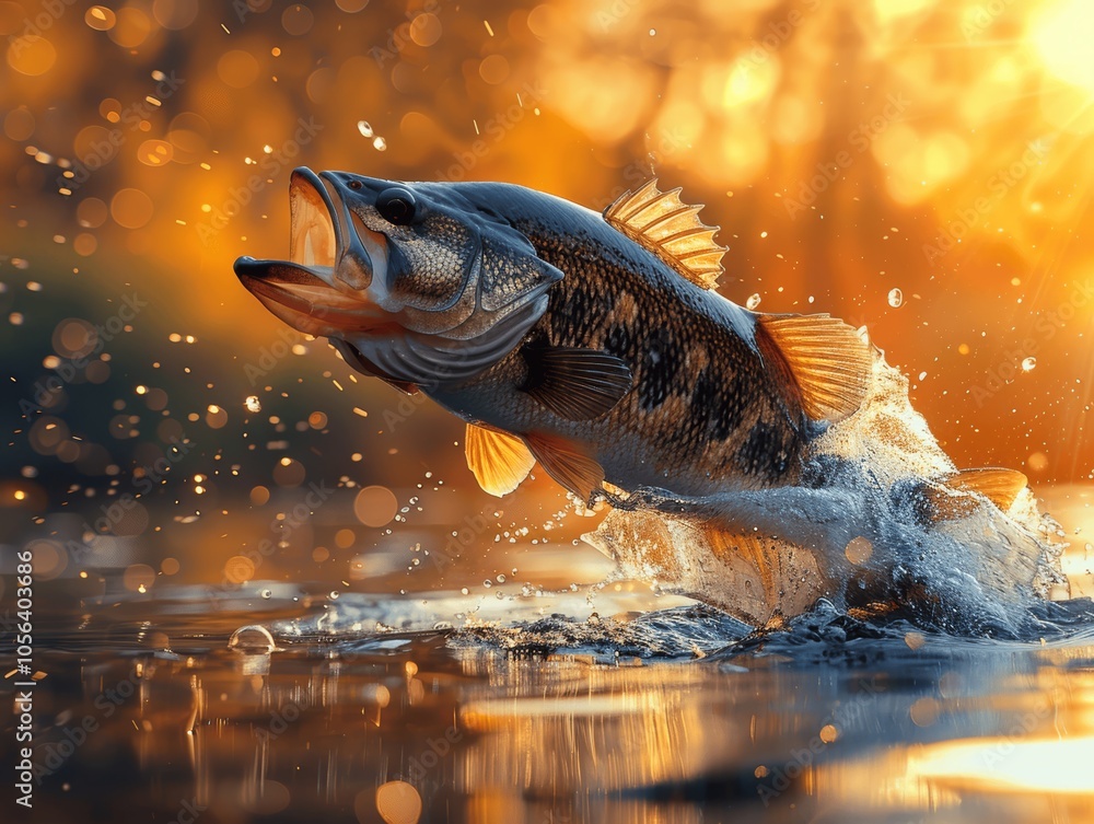 Large mouth bass jumping with splashes photo realistic bokeh background golden hour high resolution Large mouth bass jumping with splashes photo realistic bokeh background golden hour high resolution