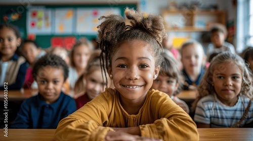 happy diverse elementary school children in classroom smiling and learning together