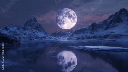 Full moon reflected in a frozen lake during a cool winter night, with mountains generative ai
