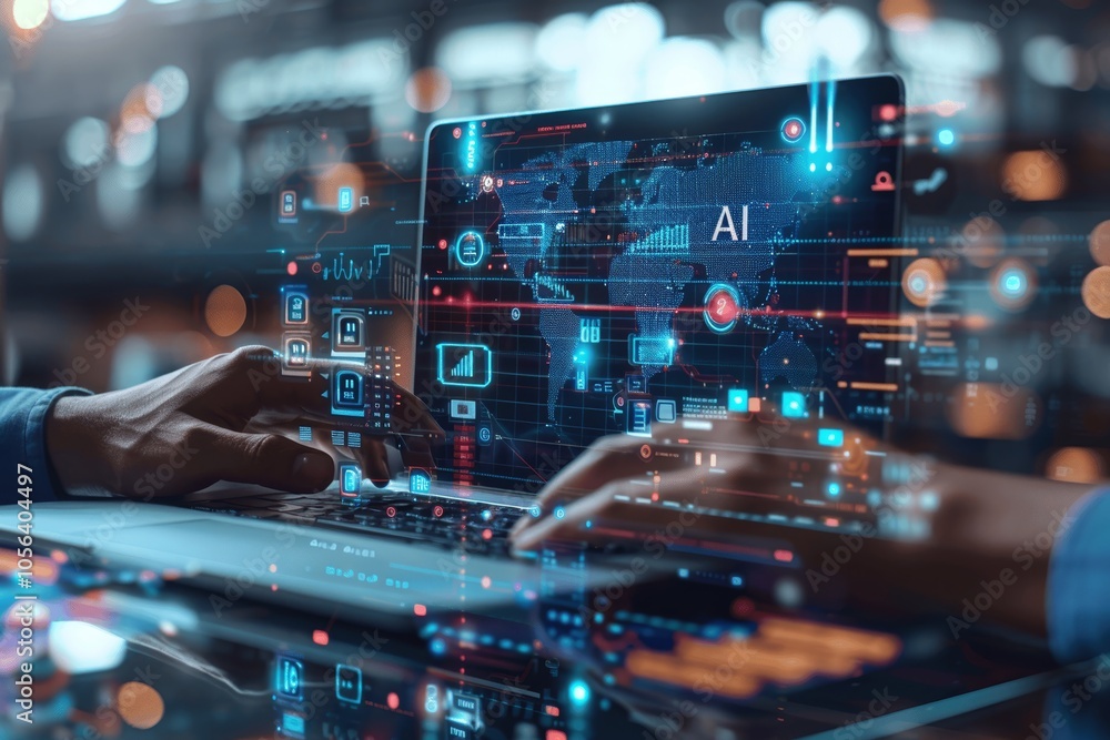 Businessman or data scientist using laptop for business analytics with KPI charts and AI technology to predict and analyze performance for data-driven insights and strategic management