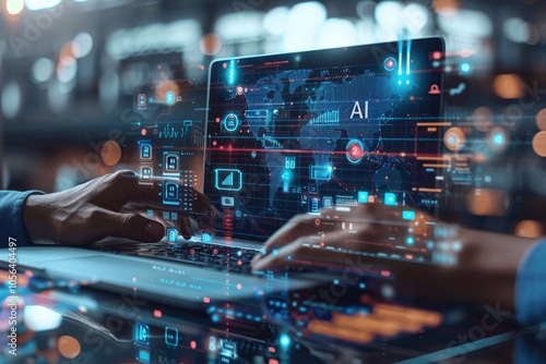 Obraz na płótnie Businessman or data scientist using laptop for business analytics with KPI charts and AI technology to predict and analyze performance for data-driven insights and strategic management w salonie