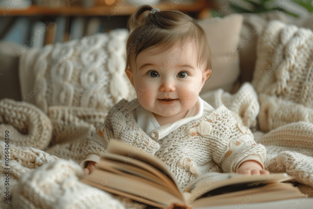 Cute Baby Girl Reading on Sofa with Beige Knitted Blanket Smiling Happily at Home During Winter Cute Baby Girl Reading on Sofa with Beige Knitted Blanket Smiling Happily at Home During Winter