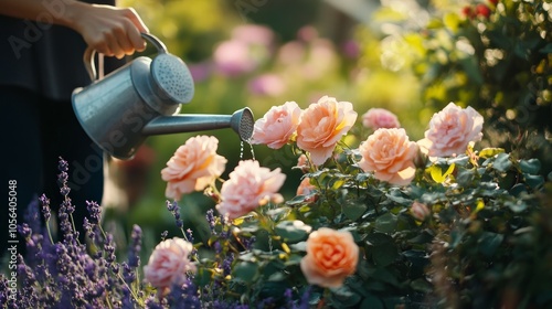 Woman watering Chippendale rose in bloom with watering can in summer garden. Gardener taking care of flowers. Close up of shrub by lavender photo