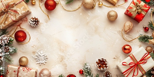 A Christmas scene with a white background and a lot of red and gold decorations. There are many presents and ornaments, including a large number of balls photo