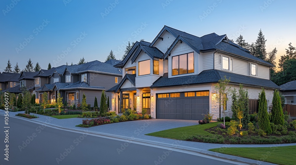 Modern Suburban Home with Detailed Textures at Dusk Modern Suburban Home with Detailed Textures at Dusk