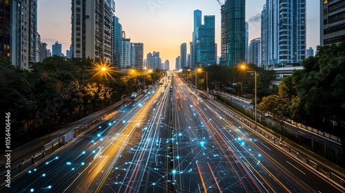 A bustling city highway at sunset with a digital network overlay.