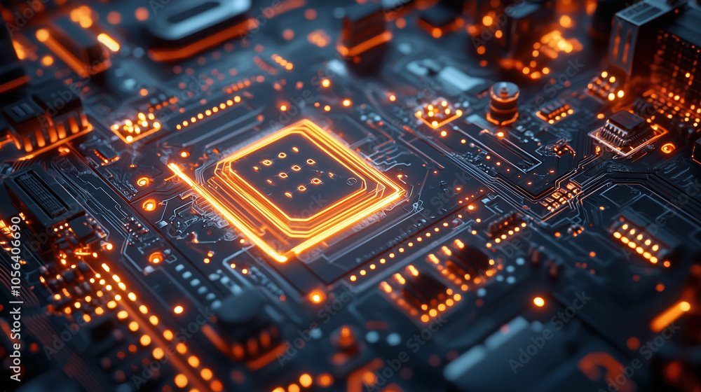 Close-up of a glowing, futuristic circuit board with a central microchip, highlighting technology and AI Close-up of a glowing, futuristic circuit board with a central microchip, highlighting technology and AI
