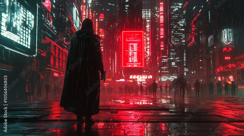 Lone figure in rain-soaked cyberpunk city, illuminated by neon red lights in futuristic urban landscape Lone figure in rain-soaked cyberpunk city, illuminated by neon red lights in futuristic urban landscape