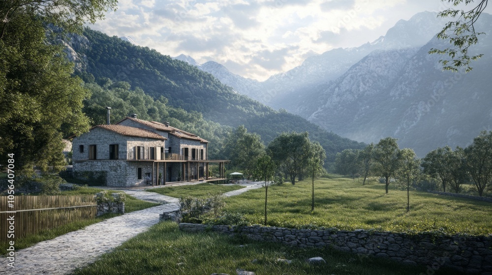 Obraz premium Serene Countryside Landscape with Mountain View
