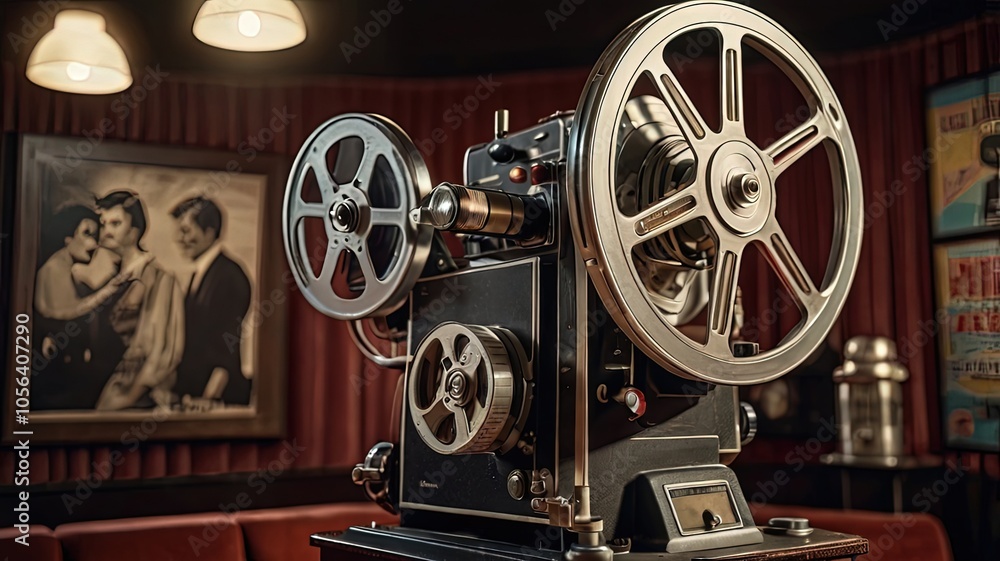 Obraz premium Vintage film projector in a cozy, retro cinema setting.