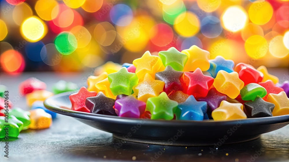 A vibrant collection of star-shaped candies, a colorful feast for the eyes, nestled in a black dish against a shimmering backdrop of out-of-focus lights. A vibrant collection of star-shaped candies, a colorful feast for the eyes, nestled in a black dish against a shimmering backdrop of out-of-focus lights.