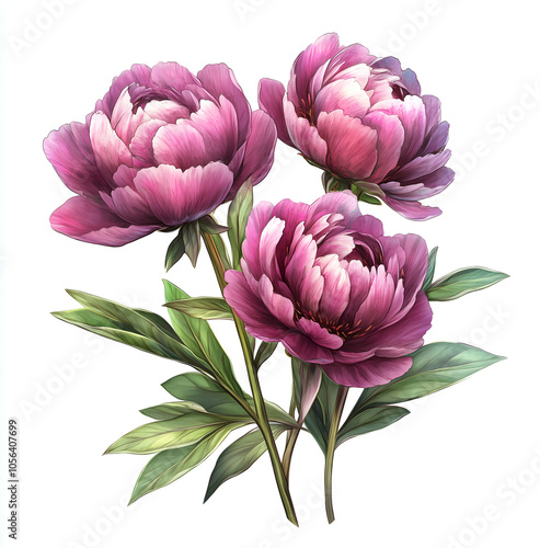 dark pink peonies on a white background, with green leaves, in a clipart style