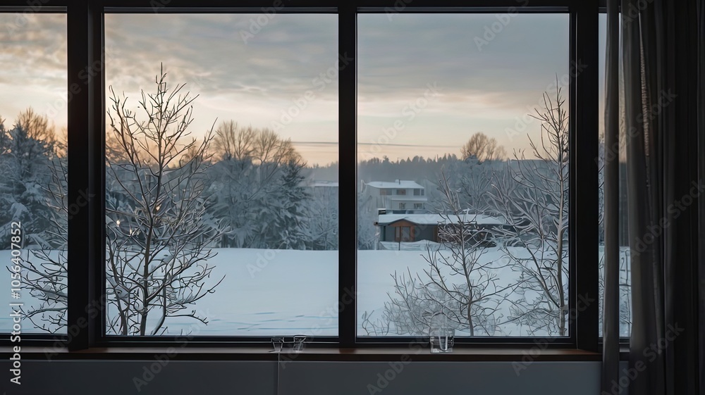 Winter landscape view through a window with snow-covered trees. Winter landscape view through a window with snow-covered trees.