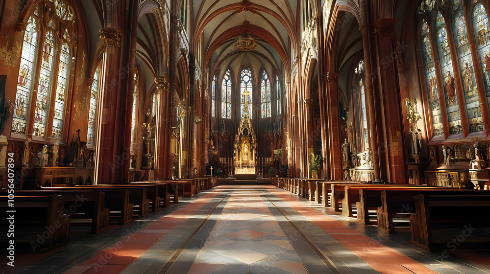 Church Interior with Stained Glass Windows, Pews, and Sunbeams - Realistic Image Church Interior with Stained Glass Windows, Pews, and Sunbeams - Realistic Image