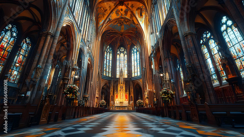 Interior View of a Church with Stained Glass Windows and Wooden Pews - Realistic Photo