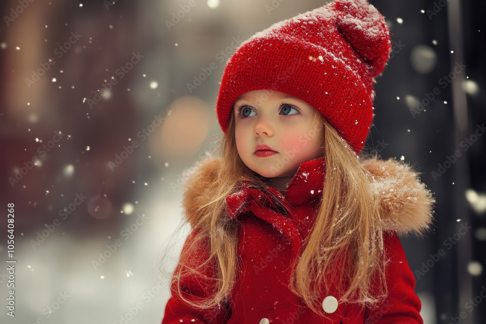 beautiful little girl in red coat and red hat stands in snow, surrounded by falling snowflakes, evoking sense of wonder and joy during winter beautiful little girl in red coat and red hat stands in snow, surrounded by falling snowflakes, evoking sense of wonder and joy during winter