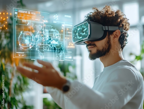 A man wearing a VR headset interacts with a holographic interface displaying data and visualizations.