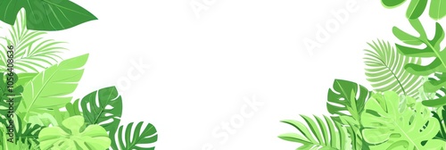 A vibrant border of green tropical leaves on a white background, ideal for design projects.