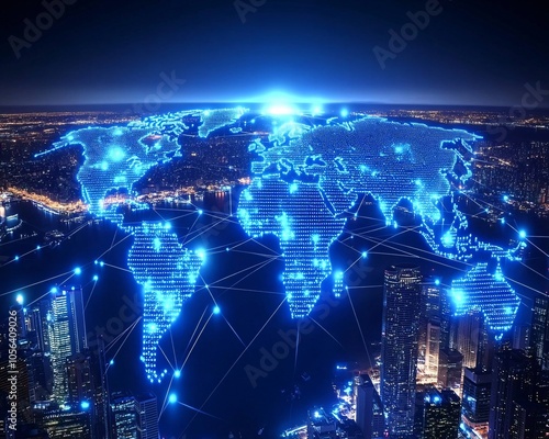 A digital representation of a world map interconnected with glowing lines, symbolizing global connectivity and advanced technology in a futuristic cityscape.