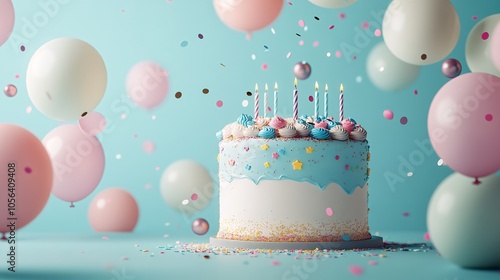 A colorful birthday cake surrounded by festive balloons and confetti on a bright blue background, creating a joyful celebration atmosphere. photo