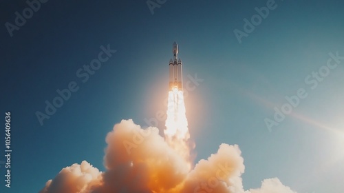 A powerful rocket launch against a blue sky, leaving a trail of smoke.